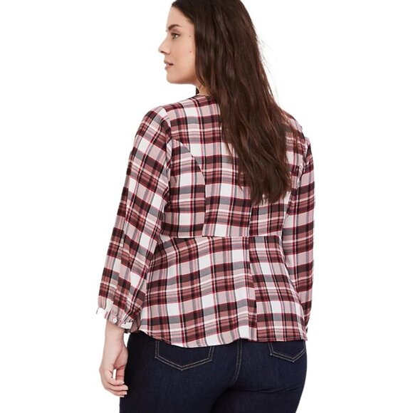 Torrid Georgette Tie-Front Blouse, Red Plaid Long Sleeve V-Neck Women's Size 3 - Picture 2 of 13
